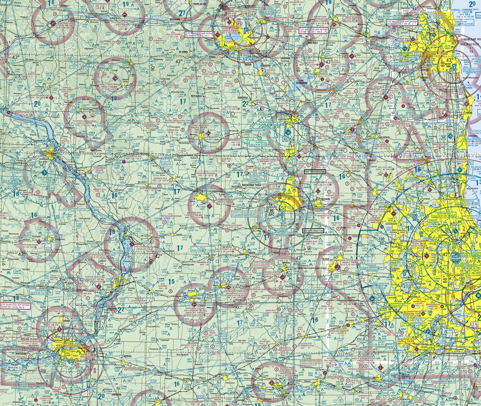Chicago Class B airspace on the FAA Chicago Sectional Chart, concentric blue rings around O'Hare (ORD) and Midway (MDW)